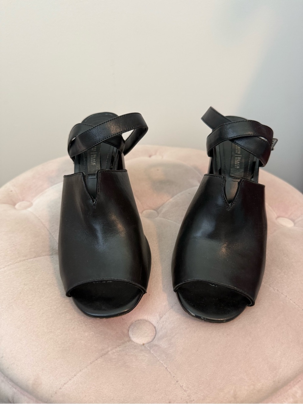 White House Black Market Black Leather Peep-Toe Slingback Sandals